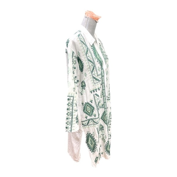 Zara Womens Lg White Green Embroidered Tunic Collared Shirt Dress Boho Cover Up - Picture 6 of 15
